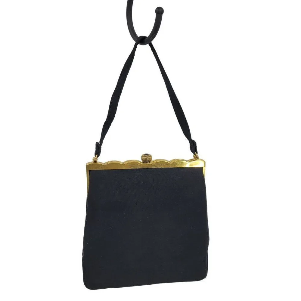 Vintage 60s Formal Evening Bag Black Gold Scalloped Trim Push Lock Clasp USA‎